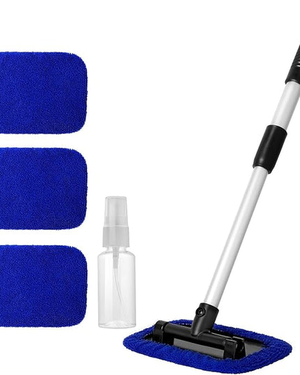11pcs Windshield Cleaner Tool, Car Window Cleaning Wash Kit with 6 Reusable Microfiber Pads 2 Spray Bottles and Extendable Handles Auto Glass Wiper Kit, Blue