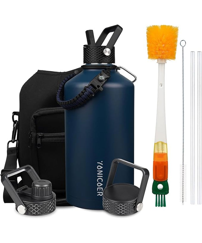 Insulated Water Bottle 128oz,Triple Wall Vacuum Stainless Steel(Dishwasher Safe),Leak Proof & Non-BPA,Flask Jug with Paracord Handle & Straw Spout Lids Sports Navy Blue