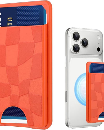 Stronger Magnetic Card Slot Wallet for iPhone 17/16/15/14/13/12 Series (Not for 13/12 Mini), Checkered Pattern Hard Card Holder Fit 3 Cards Compatible with Magsafe Accessories, Orange