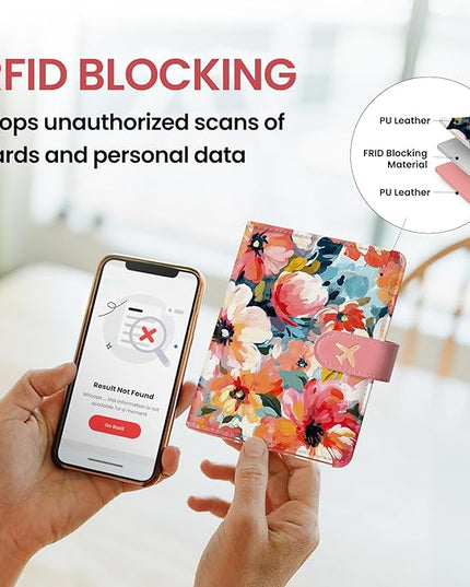 Passport Holder for Travel Essentials, RFID Blocking Leather Cover Wallet with Magnetic Closure, Aesthetic & Cute Passport Book Case for Women and Men - Garden