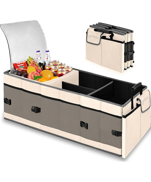 Trunk Organizer with Built-in Insulated Leak Proof Cooler Bag,Collapsible Cargo Organizer for SUV with Non Slip Bottom Strips,3 Large Compartments Foldable Waterproof Portable Car Storage Box