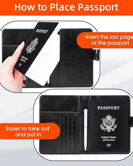 WALNEW Passport Holder for Travel, RFID Passport Cover Wallet for Women Men, PU Leather Passport Book Card Holder Case with Pen (Buckle Closure, Buckle-Black)