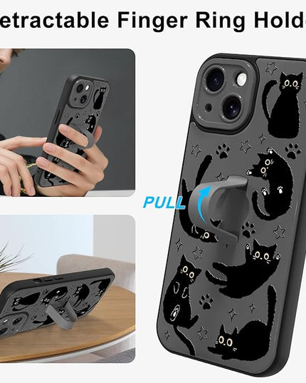 Cute Case for iPhone 15 Case with Finger Loop Stand, Kawaii Black Cats Pattern Design for Women Girls Boys, Full Camera Protection Protective Phone Cover with Hand Strap Kickstand