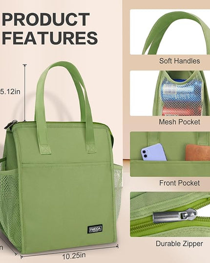 Fmeida Insulated Lunch Bag Women - 12L Leakproof Womens Lunch Tote w Zipper Reusable Lunch Bags Thermal Cooler Tote Multipocket for Work Hiking Beach Picnic | Light Green