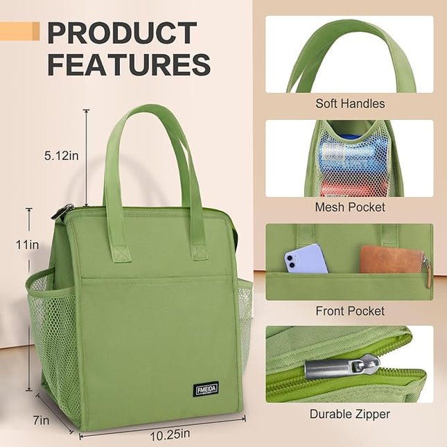 Fmeida Insulated Lunch Bag Women - 12L Leakproof Womens Lunch Tote w Zipper Reusable Lunch Bags Thermal Cooler Tote Multipocket for Work Hiking Beach Picnic | Light Green