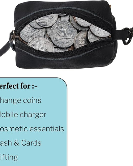 Leather Zipper Coin Pouch with Key Clip, Compact Change Holder Wallet for Men & Women, Small Leather Coin Purse for Cash, Keys, Earbuds, Everyday Carry Accessory (1, Black)