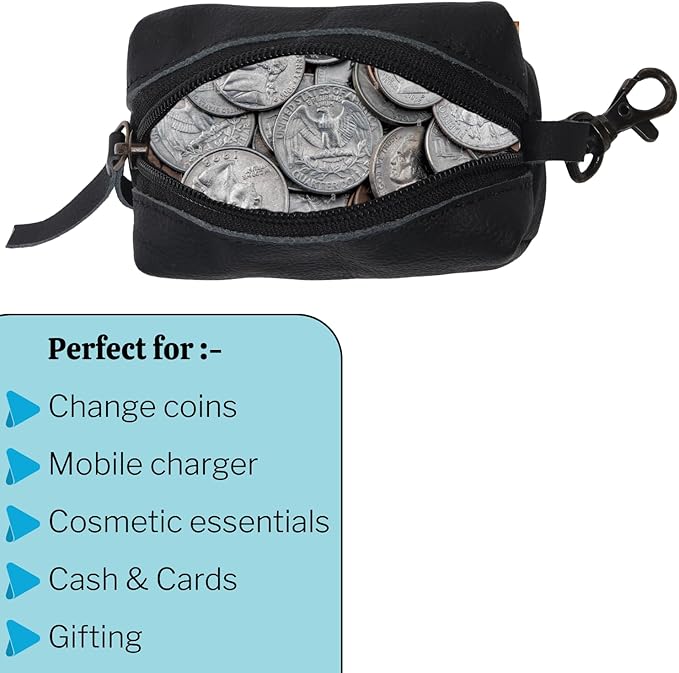 Leather Zipper Coin Pouch with Key Clip, Compact Change Holder Wallet for Men & Women, Small Leather Coin Purse for Cash, Keys, Earbuds, Everyday Carry Accessory (1, Black)