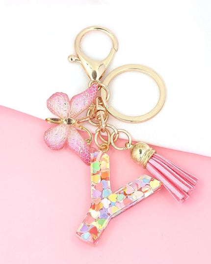 Fashion Alphabet Initial Letter Keychain Tassel Butterfly Pendant Key Ring for Purse Handbags Women Girl
