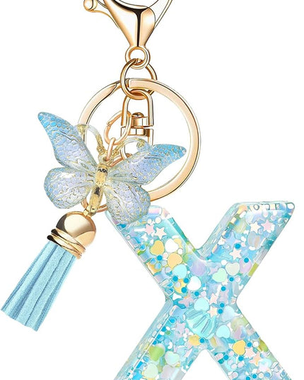 Fashion Alphabet Initial Letter Keychain Tassel Butterfly Pendant Key Ring for Purse Handbags Women Girl