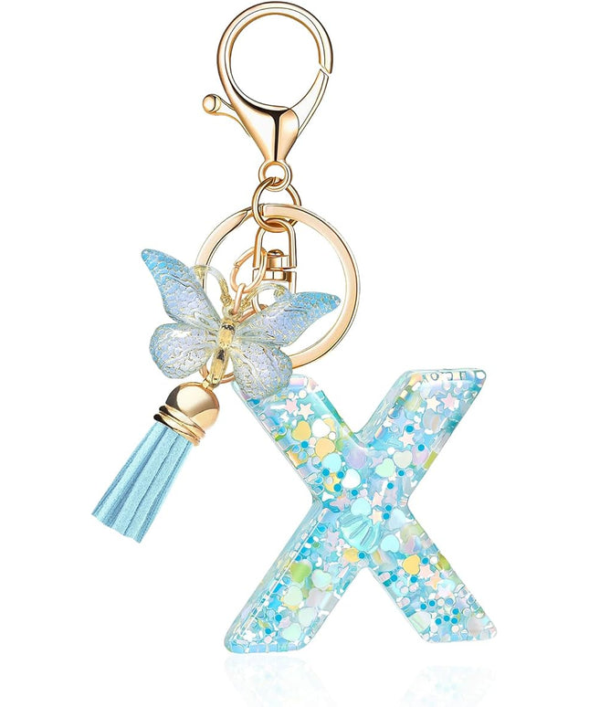 Fashion Alphabet Initial Letter Keychain Tassel Butterfly Pendant Key Ring for Purse Handbags Women Girl