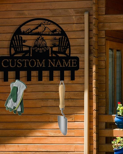 Personalized Campfire Design Metal Key Holder for Wall, Metal Wall Mount Custom Name Hooks, Cabin Key Hooks, Camp Area Key Hanger Decor, Key Rack for Farmhouse, Key Organizer for Living Room, Entryway