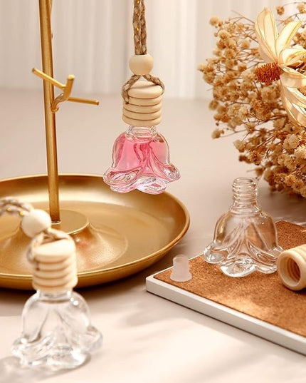BBTO 50 Pcs Hanging Car Air Freshener Car Diffuser Bottles Empty Glass Perfume Bottle Freshener Diffuser Bottle Pendant for Essential Oil Fragrance Aromatherapy Bottle Ornament(Rose)