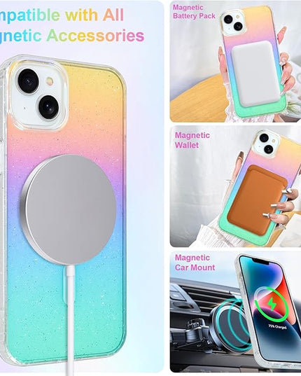 Glitter Case for iPhone 13 & 14 Case for Women Girls [ Compatible with Magsafe ] Clear Cute Girly Aesthetic Iridescent Rainbow Sparkly Bling Magnetic Phone Cover, Gradient Blue & Pink