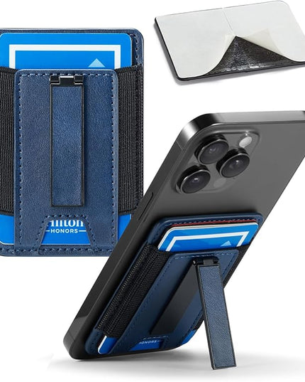 BIAJIYA Phone Wallet Sticky Back with Stand - Holds 6 Cards for iPhone & Samsung, Ultra Thin Leather & Stretch Fabric Card Holder (DeepBlue)