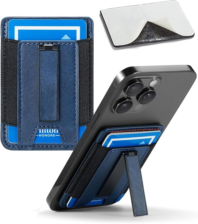 BIAJIYA Phone Wallet Sticky Back with Stand - Holds 6 Cards for iPhone & Samsung, Ultra Thin Leather & Stretch Fabric Card Holder (DeepBlue)