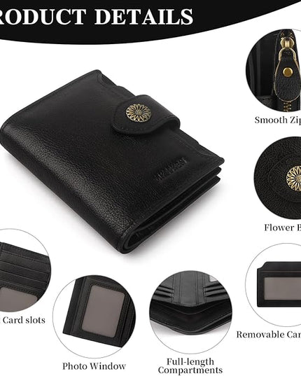 MKSSKEN Wallet Women,Rfid Blocking Leather Womens Wallet,Bifold Compact Carteras Para Mujer Card Holder with Removable ID Window(black)