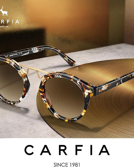 CARFIA Small Face Acetate Polarized Sunglasses for Women UV Protection, Retro Double Bridge Eyewears Metal Brow Round Sunnies