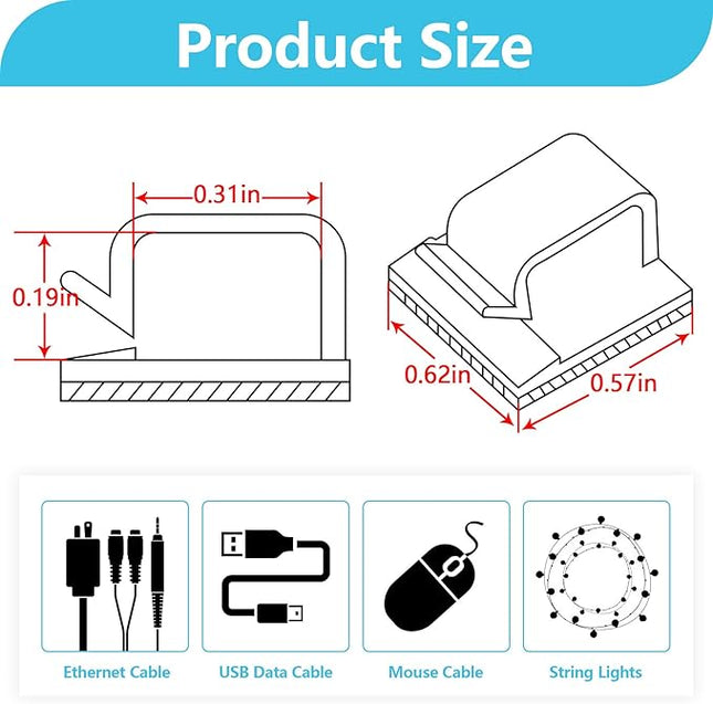 100PCS Cable Clips, Adhesive Wire Clips Organizer Cord Clips Management, Cable Staples Outdoor Strong for Wall, Desk, Christmas Lights, String Lights, TV PC Ethernet Cable, Clear Small