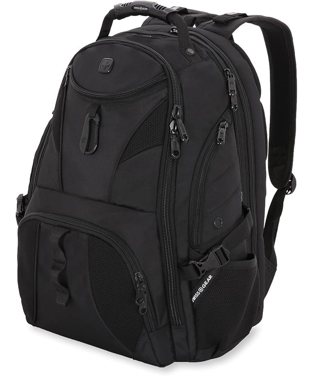 SwissGear 1900 ScanSmart 17” Laptop Backpack Black/Black – Reflective Tech Backpack with ScanSmart Compartment – Multiple Organizer Pockets & RFID Scan Blocking Technology