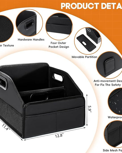 Car Storage Organizer Reinforced Dividable Leather Car Caddy Basket for Front Seat Floor Back Sturdy Frosted Handle 8 Compartments Adjustable Strap Buckles Slip-Resistant for SUV Truck