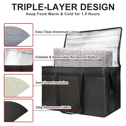 CIVJET Insulated Food Delivery Bag with Hard Bottom, XXX-Large Insulated Reusable Grocery Cooler/Hot Bags, Tote Bag for Shopping/Travel, Black, 4-Pack
