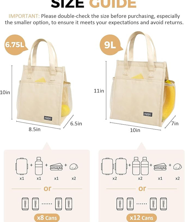 Fmeida Insulated Lunch Bag Women, 9L Large Lunch Bags with Multiple Pockets, Reusable Thermal Cooler Tote for Work, Office, Picnic, Travel | Hook and Loop Closure, Beige