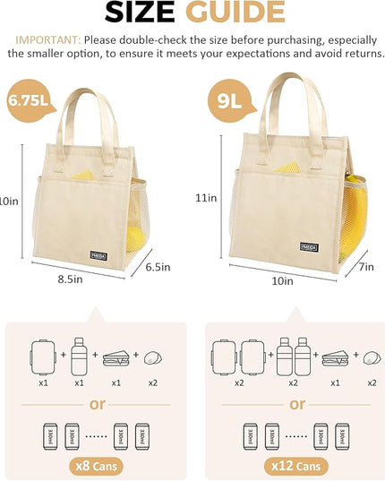Fmeida Insulated Lunch Bag Women, 6.75L Small Lunch Bags with Multiple Pockets, Reusable Thermal Cooler Tote for Work, Office, Picnic, Travel | Hook and Loop Closure, Beige
