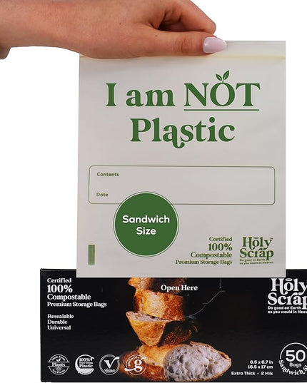100% Compostable Food Storage Bags SANDWICH Size - 50 Pack - Resealable Extra Strength Zip Seal Bags Made from Plants, Eco Friendly, Freezer Safe - BPI Certified, OK Compost Home
