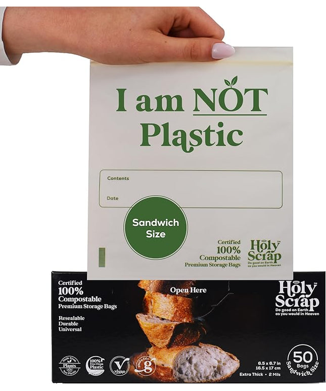 100% Compostable Food Storage Bags SANDWICH Size - 50 Pack - Resealable Extra Strength Zip Seal Bags Made from Plants, Eco Friendly, Freezer Safe - BPI Certified, OK Compost Home