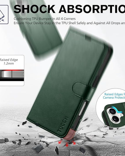 TUCCH Case Wallet for iPhone 16, Protective [TPU Shockproof Inner Shell], Kickstand PU Leather RFID Blocking [4 Card Holder] Magnetic Closure Cover Compatible with iPhone 16 5G, Green