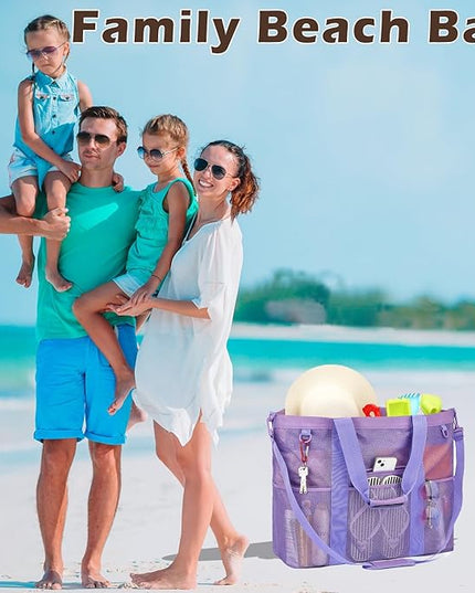 Mesh Beach Bag, Large Beach Tote with Zipper Pocket, Toys Pool Bag for Family Travel Vacation Cruise Essentials