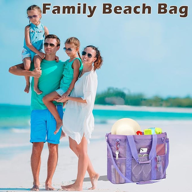Mesh Beach Bag, Large Beach Tote with Zipper Pocket, Toys Pool Bag for Family Travel Vacation Cruise Essentials