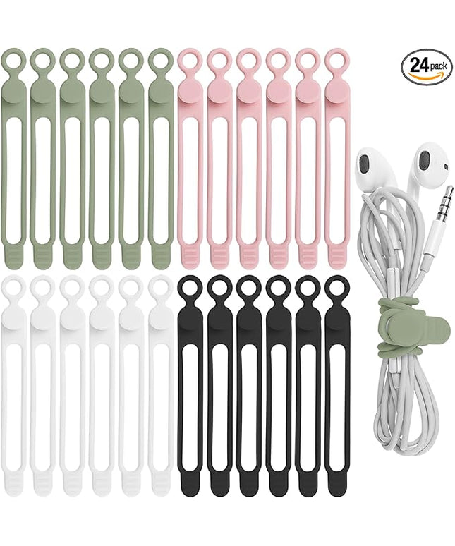Nearockle 24Pcs Silicone Cable Straps Cord Organizer for Bundling Earphone, Phone Charger, Computer Cords, Reusable Cable Ties Wire Organizer in Home,Office,Kitchen,School (4 Colors)