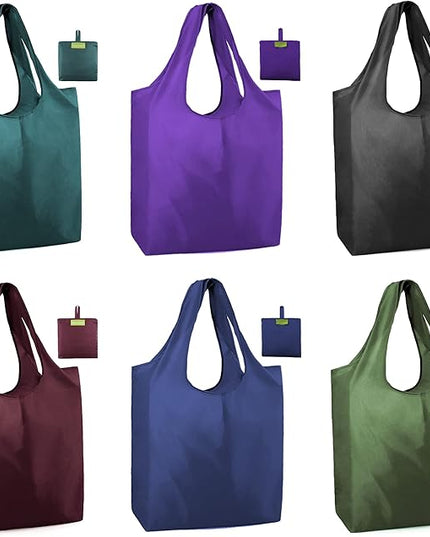 BeeGreen Reusable Grocery Bags Heavy Duty Extra Large 6 Pack Foldable Tote Bag - Cloth Grocery Bags Machine Washable Polyester Fabrics Bulk Shopping Bag - Reusable Gifts for Women (Green Black)