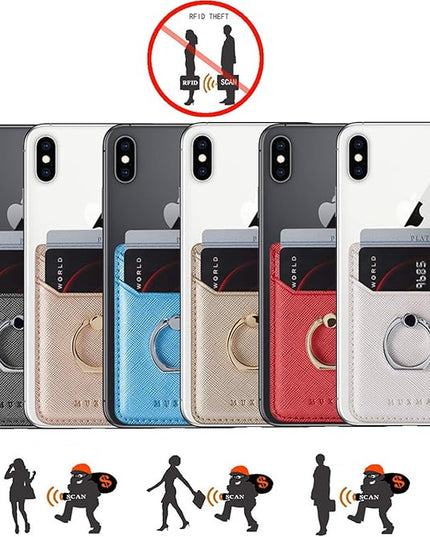 BIAJIYA Phone Card Holder RFID Leather Wallet Credit Adhesive Cell Case Stick-on Card Holder for Women and Men Back of Phone for Most of Smartphones (Rose/Gold)
