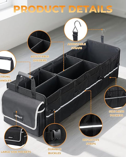 HIRALIY 4 in 1 Car Trunk Storage Organizer with Leakproof Cooler Bag, Made of 1680D Oxford and PP board, Multi-Compartment Foldable Trunk Storage Box for Car Truck SUV