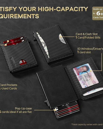 RUNBOX Slim Card Wallet for Men with ID Window – Minimalist RFID Wallet, Pop-Up Function, Ultra Thin Design, Metal Business Card Case Holds 8+ Cards, Gifts for Men, Men's Accessories