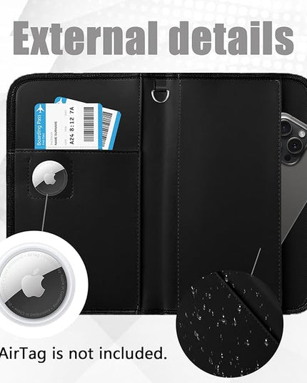 GOAUS Passport Holder with AirTag Slot, PU Leather Travel Document Organizer, Multiple RFID Blocking Wallet for Family of 4 to 6 Black