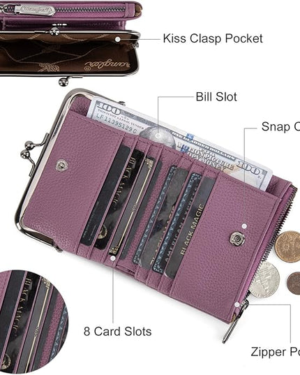 Montana West Wrangler Women's Wallet RFID Blocking Wallets Small Bifold Credit Card Holder with Kiss Clasp Purple