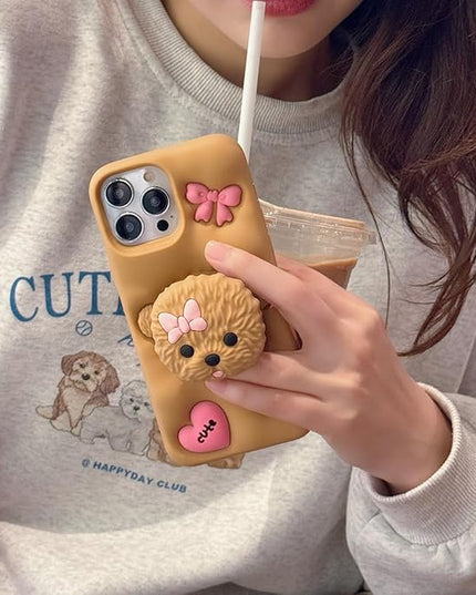 Case Compatible with iPhone 13,Cute 3D Kawaii Funny Dog Stand Brown Cartoon Cover with Keychain Soft Silicone Gel Drop Protector Women Girls