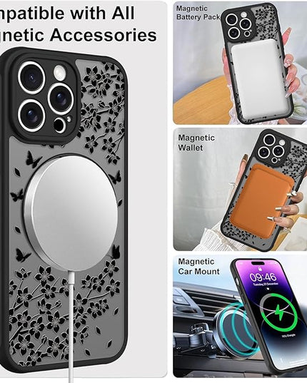 Cute Case for iPhone 14 Pro Case with Stand [ Compatible with MagSafe ] Kawaii Black Cat & Floral & Butterflies Pattern Design 360 Magnetic Ring Kickstand Phone Cover for Women Girls Boys