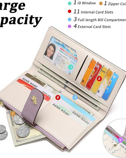 GAEKEAO Womens Wallet Slim Thin RFID Blocking Floral Vegan Leather Card Holder Bifold Long Ladies Wallet with Zipper Pocket