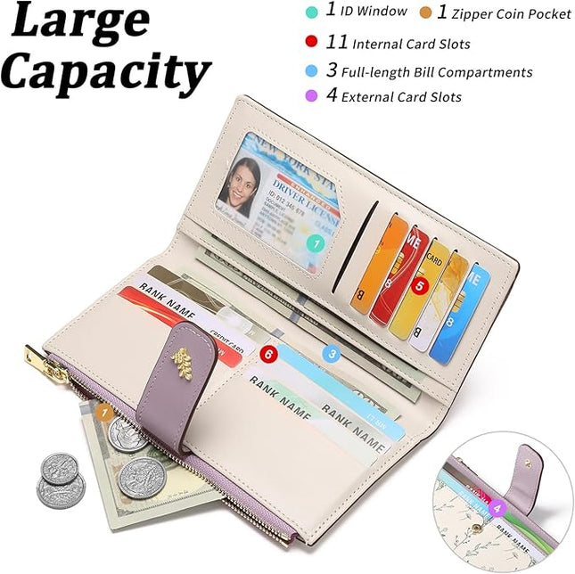 GAEKEAO Womens Wallet Slim Thin RFID Blocking Floral Vegan Leather Card Holder Bifold Long Ladies Wallet with Zipper Pocket
