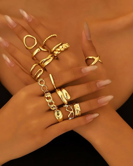 Chunky 14K Gold Plated Stackable Rings Set for Women,Vintage Knuckle Rings Dainty Hollow Carved Joint Finger Midi Rings Pack Adjustable Signet Mixed Size