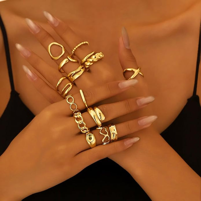 Chunky 14K Gold Plated Stackable Rings Set for Women,Vintage Knuckle Rings Dainty Hollow Carved Joint Finger Midi Rings Pack Adjustable Signet Mixed Size