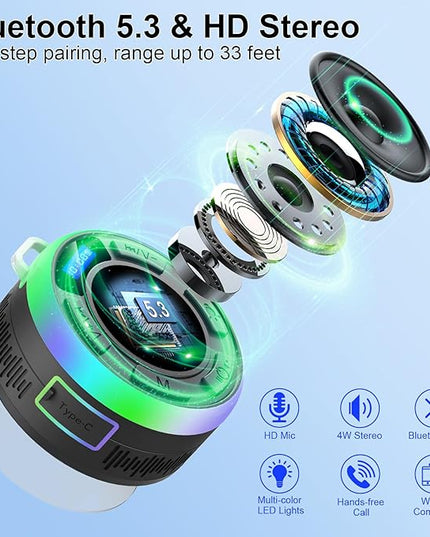Shower Bluetooth Speaker IPX7 Waterproof, Portable Bluetooth Speakers with Suction Cup and Time Display, Crystal Sound&Bass LED Light 1100mAh, Wireless Shower Speaker for Outdoor/Kayak/ Gifts/Beach