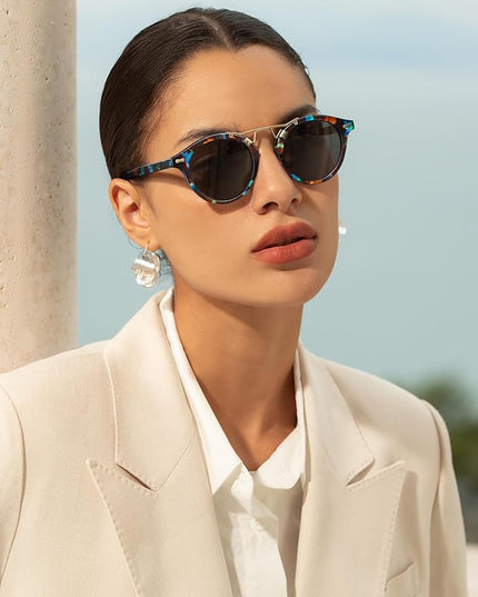 CARFIA Small Face Acetate Polarized Sunglasses for Women UV Protection, Retro Double Bridge Eyewears Metal Brow Round Sunnies