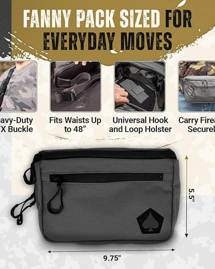 HighSpeedDaddy Carry Fanny Pack - 500D Water-Resistant Nylon, Quick Access CCW Pocket, YKK AquaGuard Zippers, EDC Bag with Adjustable Waist (upto 49"), Everyday Carry for Men & Women - Grey