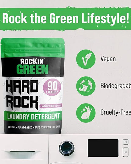 Rockin' Green Hard Rock Laundry Detergent for Hard Water (90 Loads), Plant based, Natural Laundry Detergent Powder, Biodegradable Odor Fighter, Safe for Sensitive Skin, 45 oz (Lavender Mint Revival)