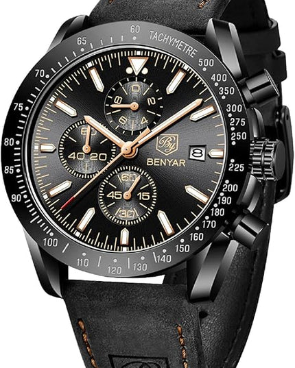 BY BENYAR Watch for Men Analog Quartz Chronograph Waterproof Luminous Designer Mens Wrist Watches Business Work Sport Casual Dress Watch with Silicone Strap Elegant Gifts for Men
